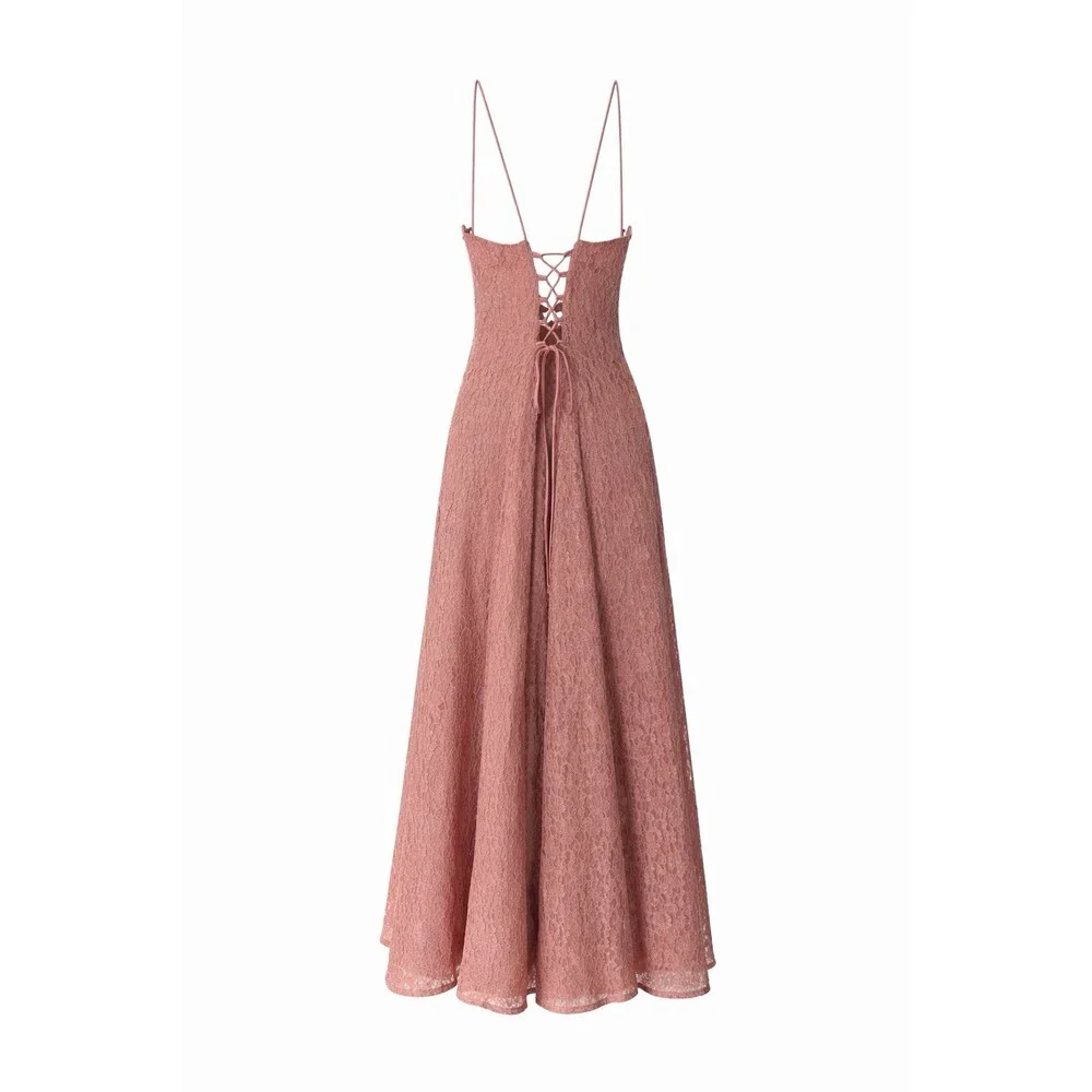 Le Château Lace Maxi‎ Dress M Dusty Rose Blush Open Back Formal Gown Bridesmaid - Picture 2 of 7